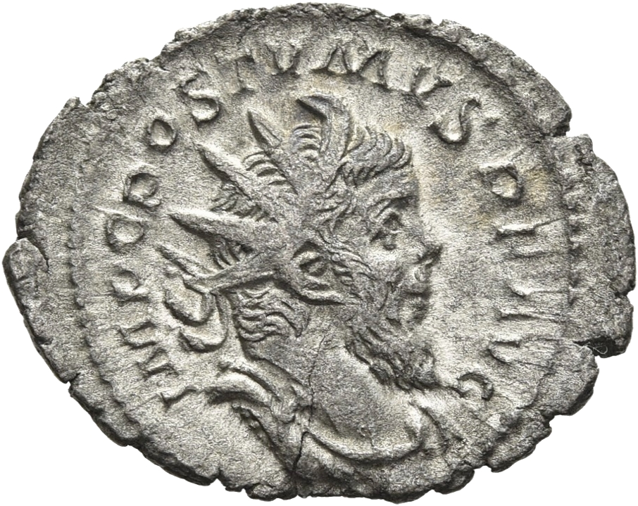 RIC V Postumus 70 Postumus obverse, Bust of Postumus, radiate, draped, right, or bust of Postumus, radiate, draped, cuiras...