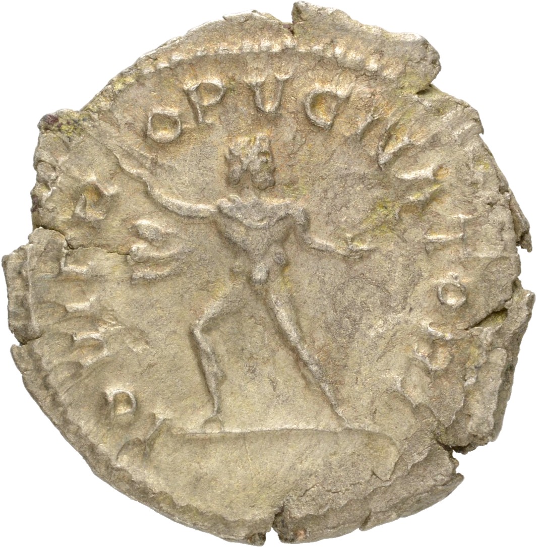 RIC V Postumus 72 Postumus reverse, Jupiter, walking left, holding thunderbolt in right hand and eagle in left hand