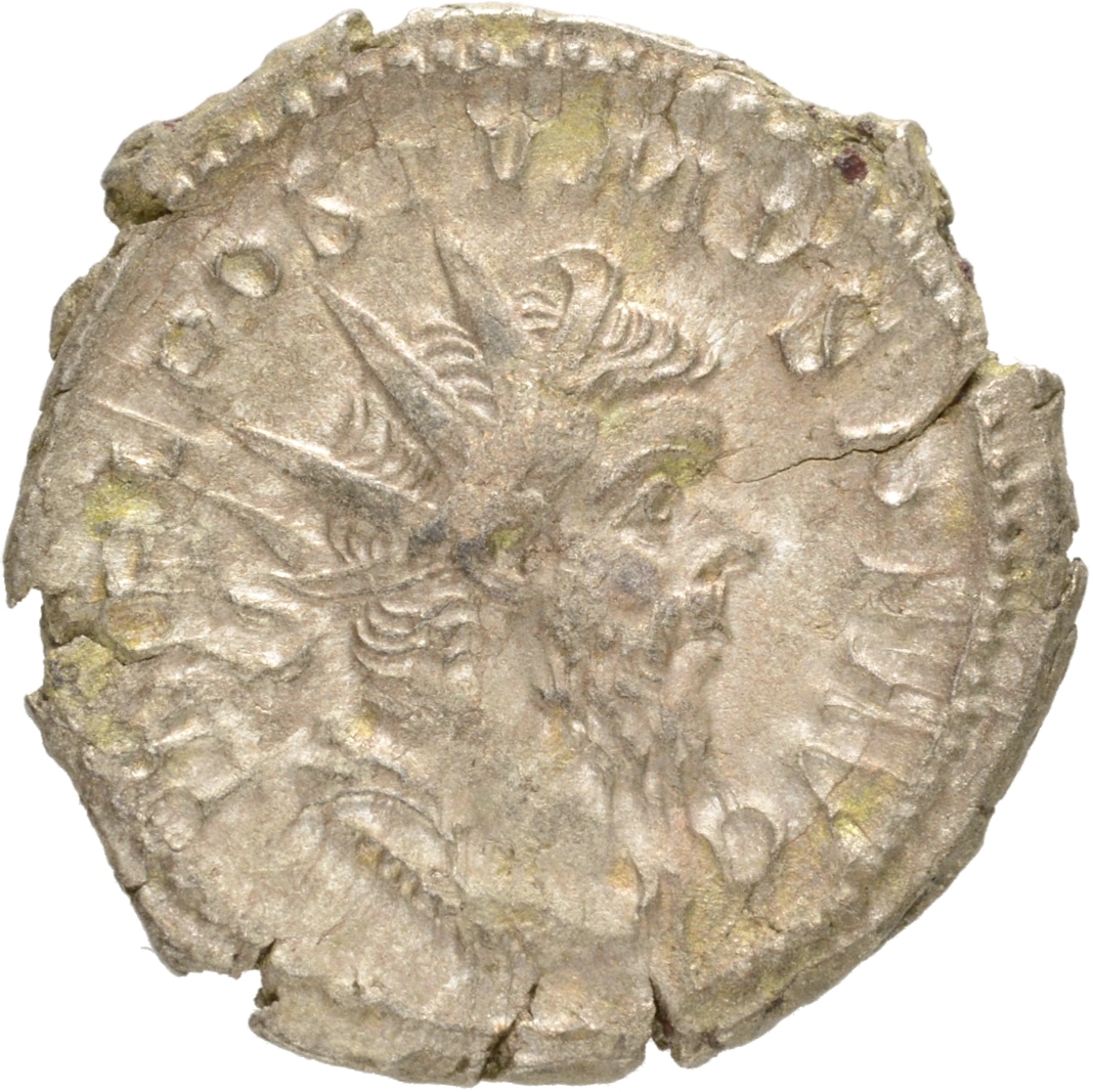 RIC V Postumus 72 Postumus obverse, Bust of Postumus, radiate, draped, right, or bust of Postumus, radiate, draped, cuiras...