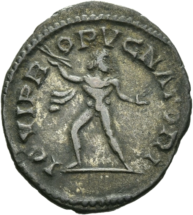 RIC V Postumus 72 Postumus reverse, Jupiter, walking left, holding thunderbolt in right hand and eagle in left hand