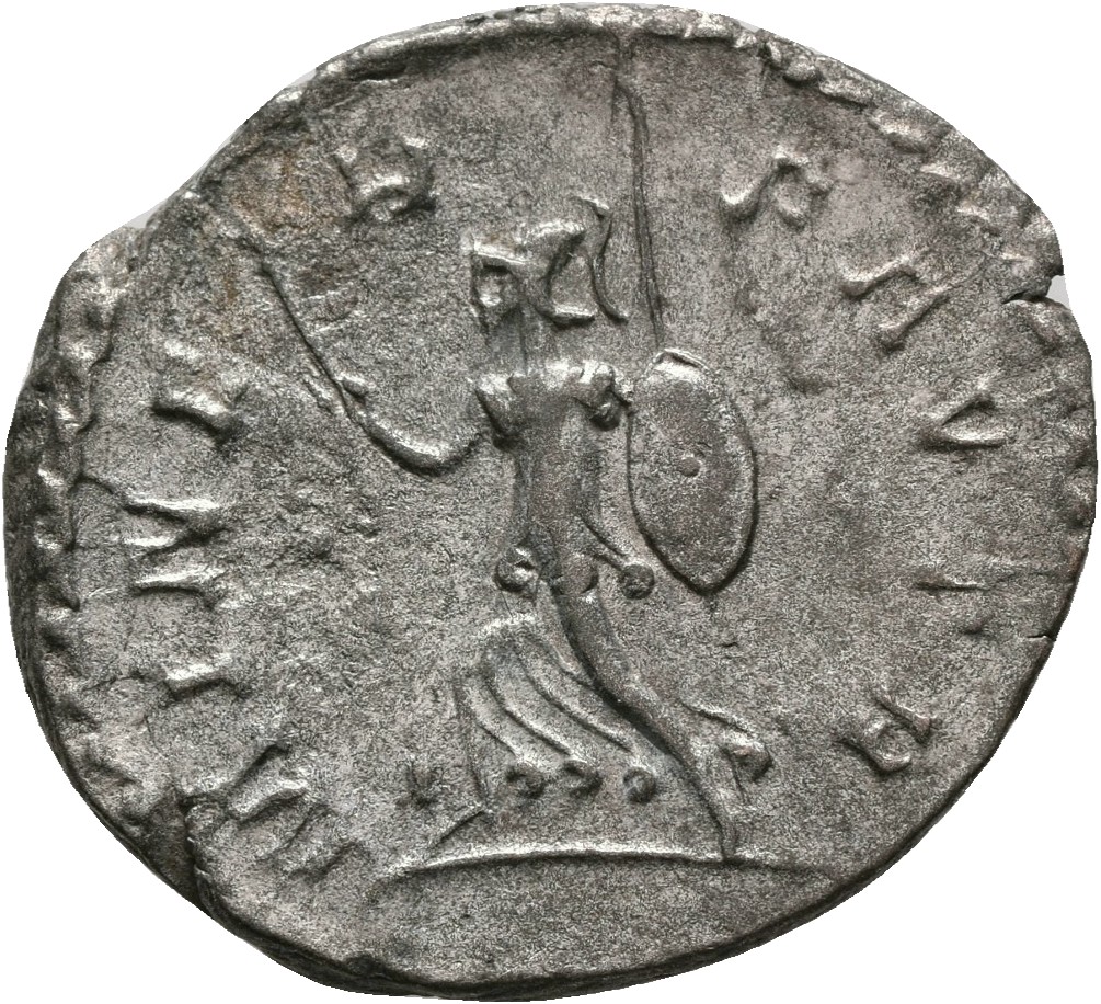 RIC V Postumus 74 Postumus reverse, Minerva, helmeted, draped, running left, holding olive-branch in right hand and spear ...
