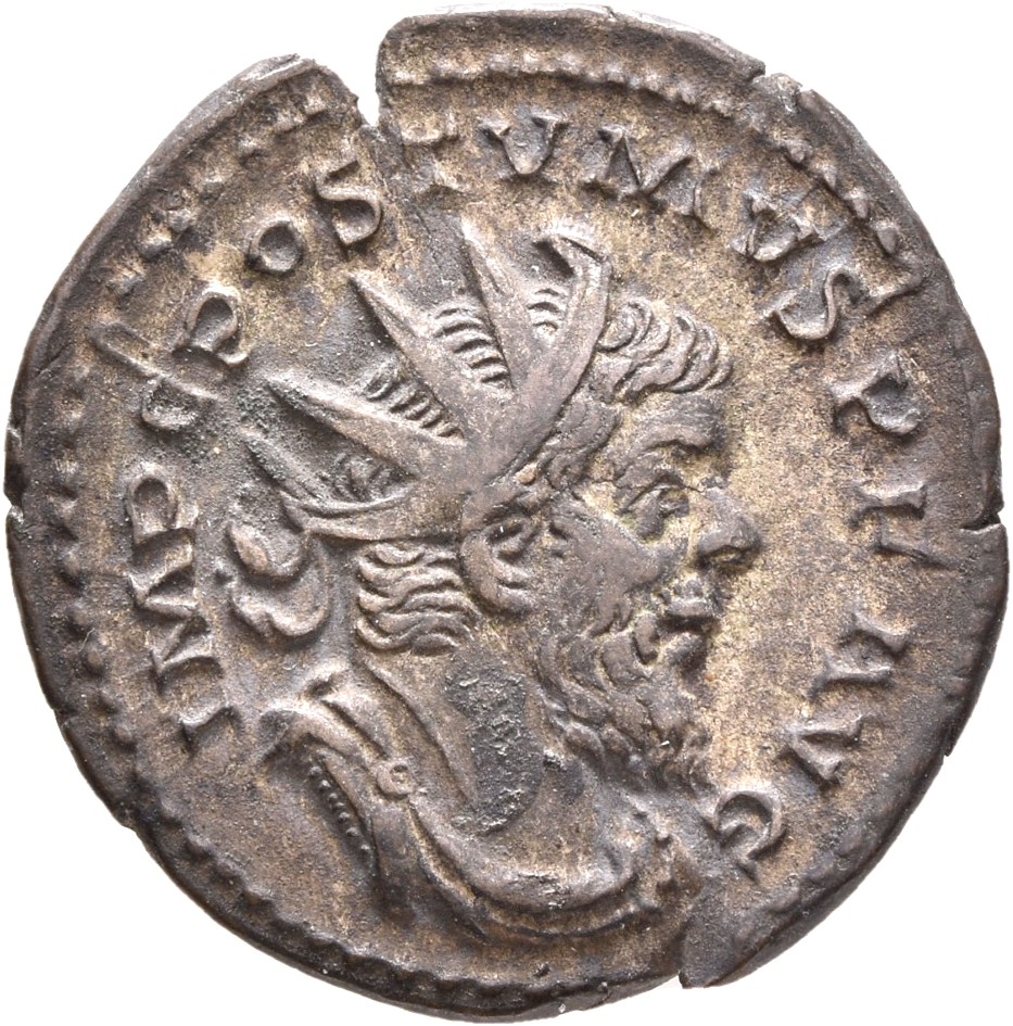 RIC V Postumus 75 Postumus obverse, Bust of Postumus, radiate, draped, right, or bust of Postumus, radiate, draped, cuiras...