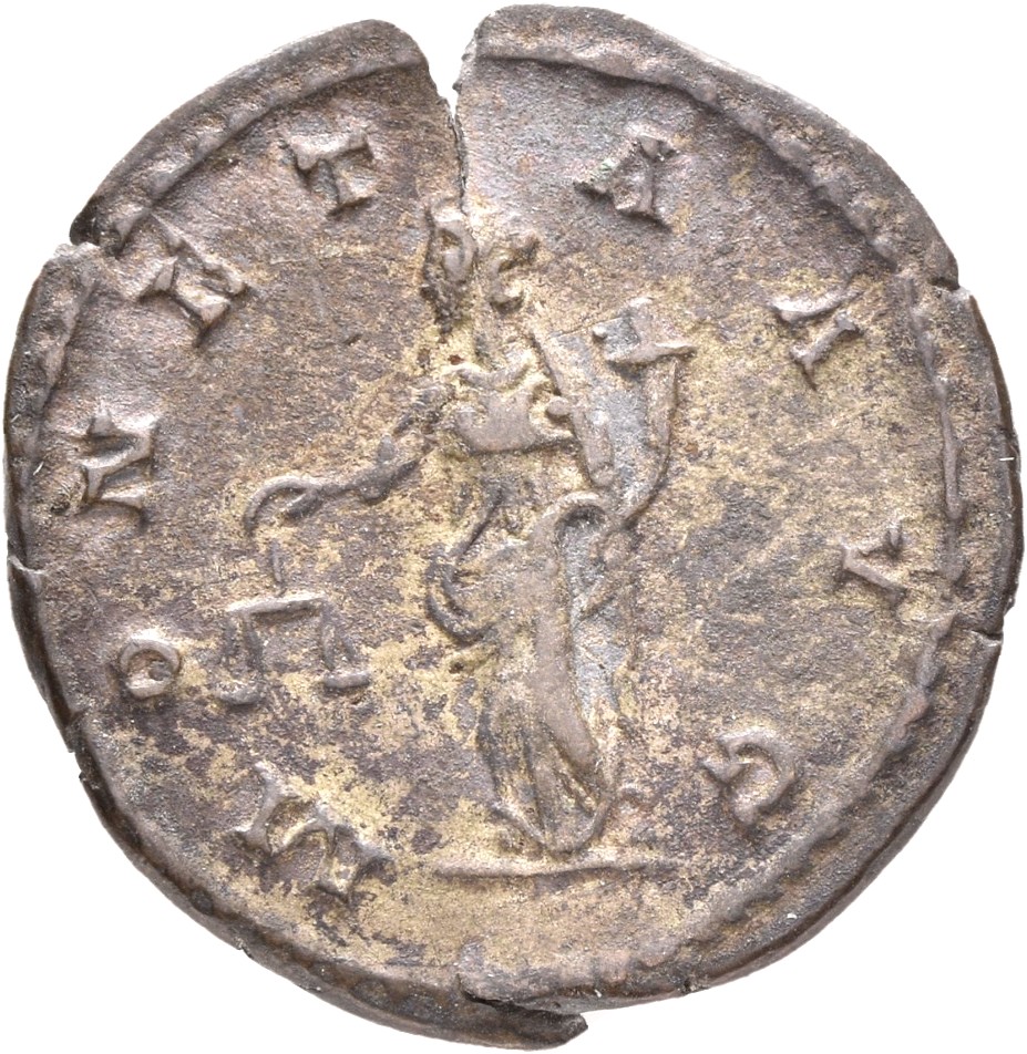 RIC V Postumus 75 Postumus reverse, Moneta, draped, standing left, holding scales in right hand and cornucopiae in left hand