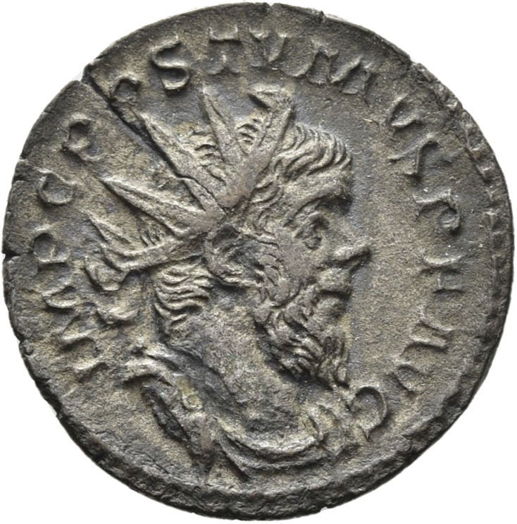 RIC V Postumus 76 Postumus obverse, Bust of Postumus, radiate, draped, right, or bust of Postumus, radiate, draped, cuiras...