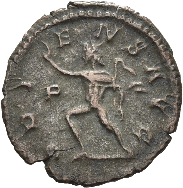 RIC V Postumus 77 Postumus reverse, Sol, walking left, raising right hand and holding whip in left hand