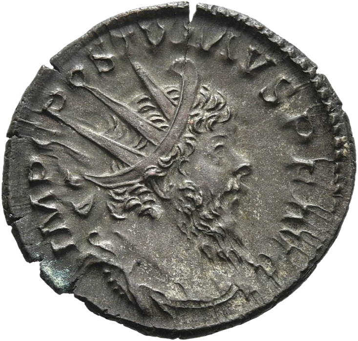 RIC V Postumus 77 Postumus obverse, Bust of Postumus, radiate, draped, right, or bust of Postumus, radiate, draped, cuiras...