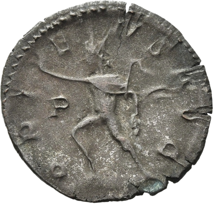 RIC V Postumus 77 Postumus reverse, Sol, walking left, raising right hand and holding whip in left hand