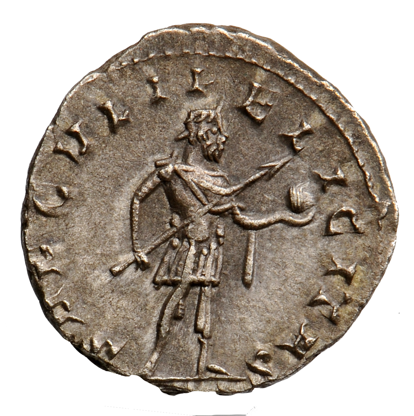 RIC V Postumus 83 Postumus reverse, Postumus, draped, cuirassed, standing right, holding spear in right hand and globe in ...