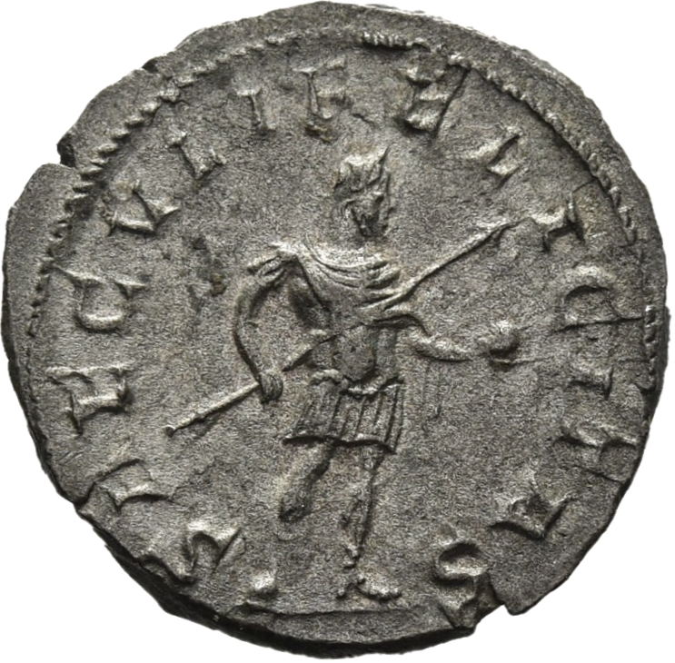 RIC V Postumus 83 Postumus reverse, Postumus, draped, cuirassed, standing right, holding spear in right hand and globe in ...