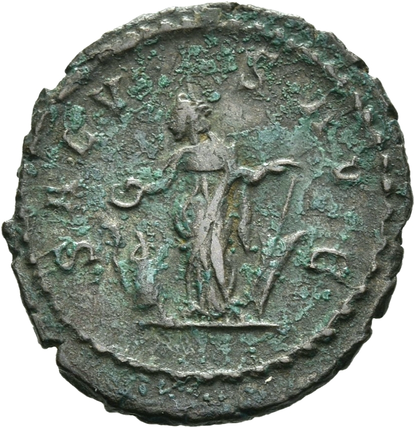 RIC V Postumus 85 Postumus reverse, Salus, draped, standing left, feeding snake rising from altar and leaning on rudder