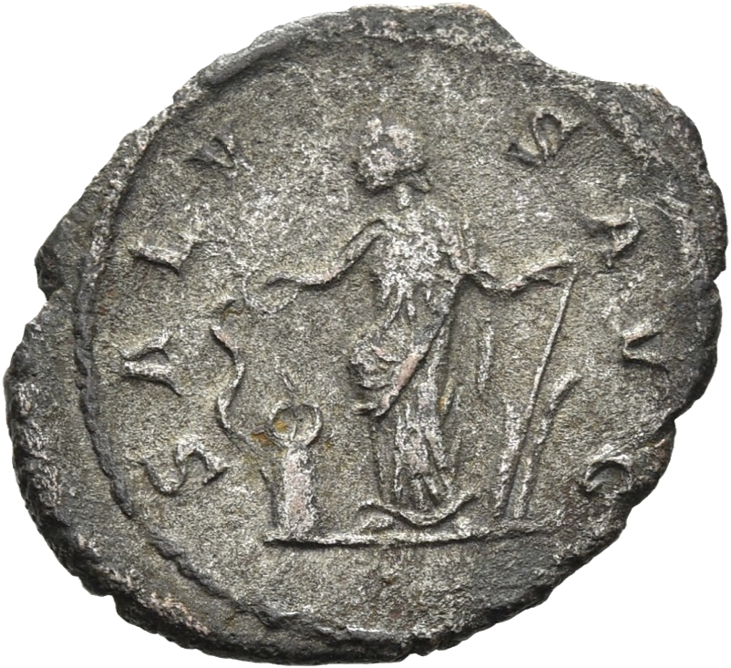 RIC V Postumus 85 Postumus reverse, Salus, draped, standing left, feeding snake rising from altar and leaning on rudder