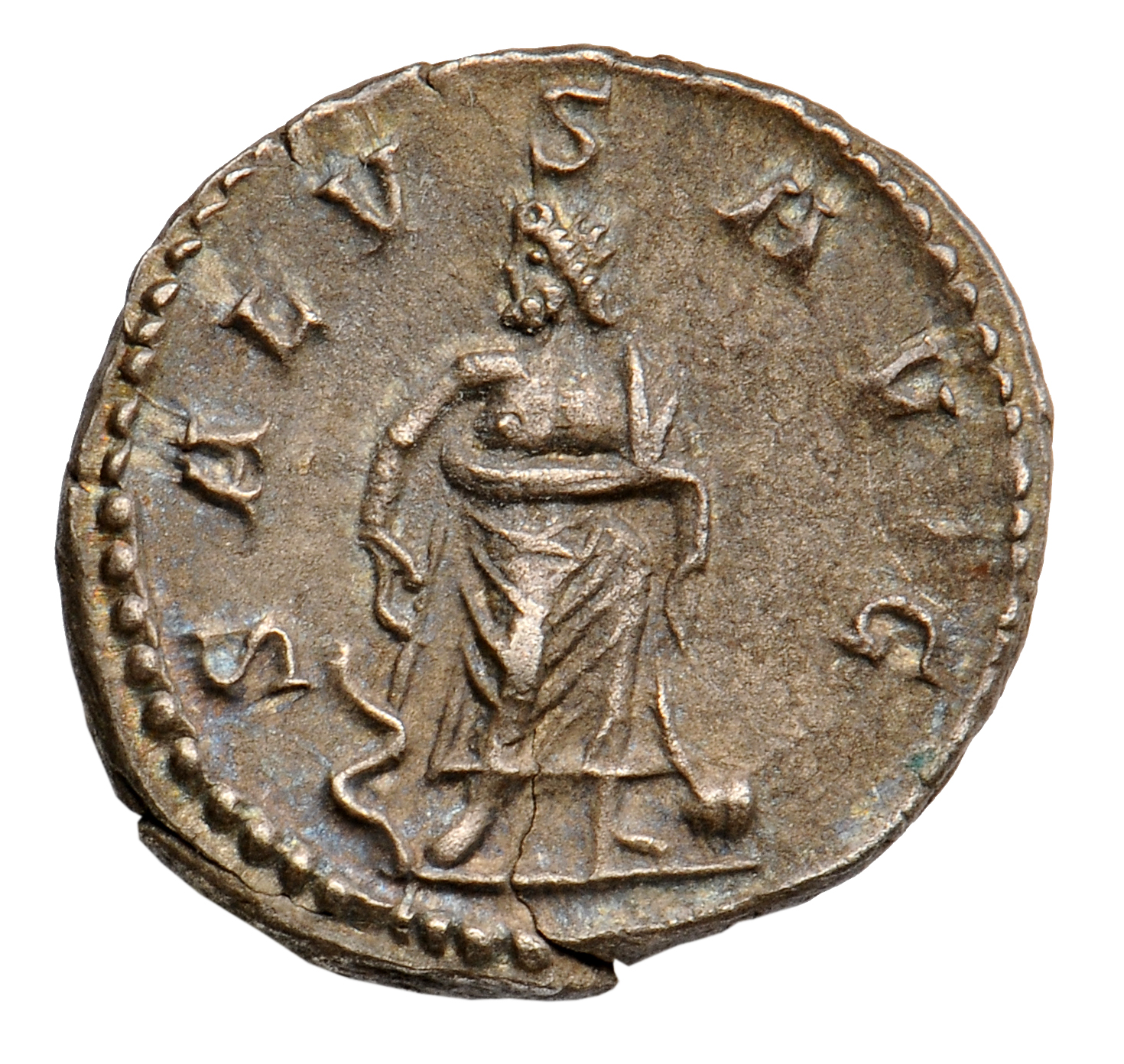 RIC V Postumus 86 Postumus reverse, Aesculapius, standing front, head left, leaning on staff; sometimes at foot, globe