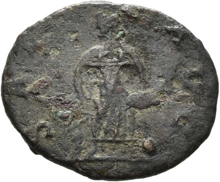 RIC V Postumus 86 Postumus reverse, Aesculapius, standing front, head left, leaning on staff; sometimes at foot, globe