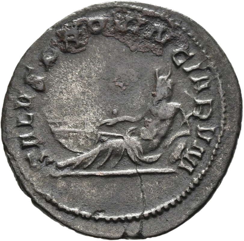 RIC V Postumus 87 Postumus reverse, Rhine, sometimes horned, resting left on urn, placing right hand on vessel and holding...