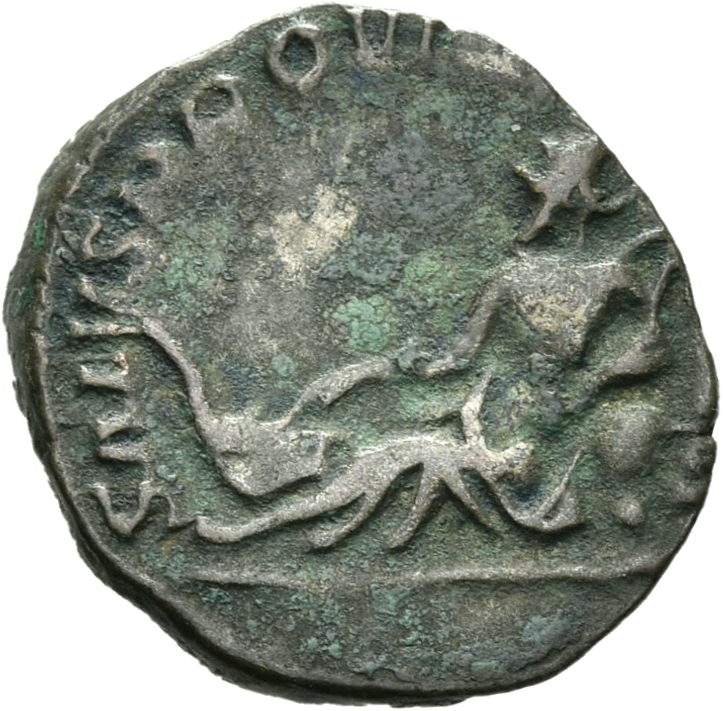 RIC V Postumus 87 Postumus reverse, Rhine, sometimes horned, resting left on urn, placing right hand on vessel and holding...