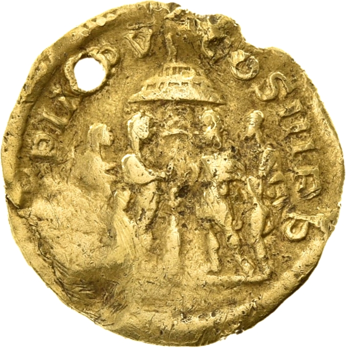 RIC V Postumus 9 Postumus reverse, Postumus, draped, standing left, sacrificing at altar; beside him, citizen and child; b...