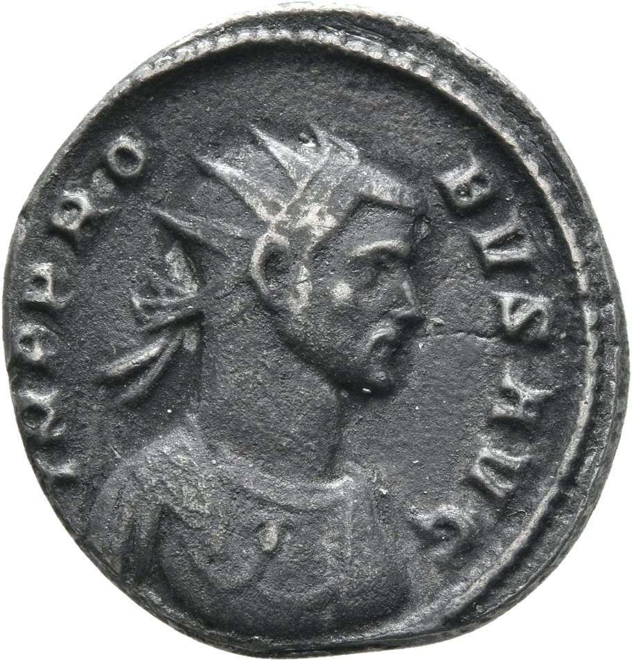 RIC V Probus 15 Probus obverse, Bust of Probus, helmeted, radiate, cuirassed, left, holding spear in right hand and shield...
