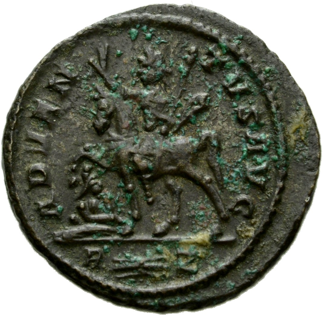 RIC V Probus 155 Probus reverse, Probus, riding left, raising right hand and holding sceptre in left hand; at his feet, ca...