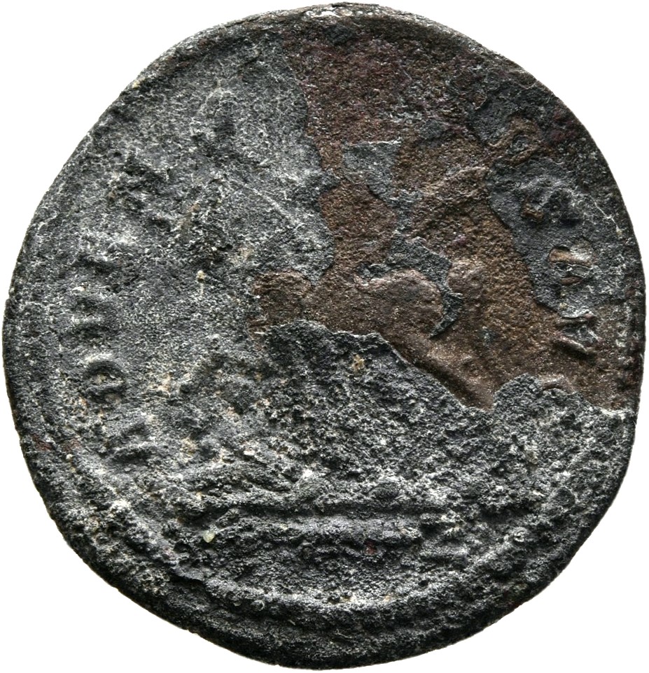 RIC V Probus 155 Probus reverse — Probus, riding left, raising right hand and holding sceptre in left hand; at his feet, c...