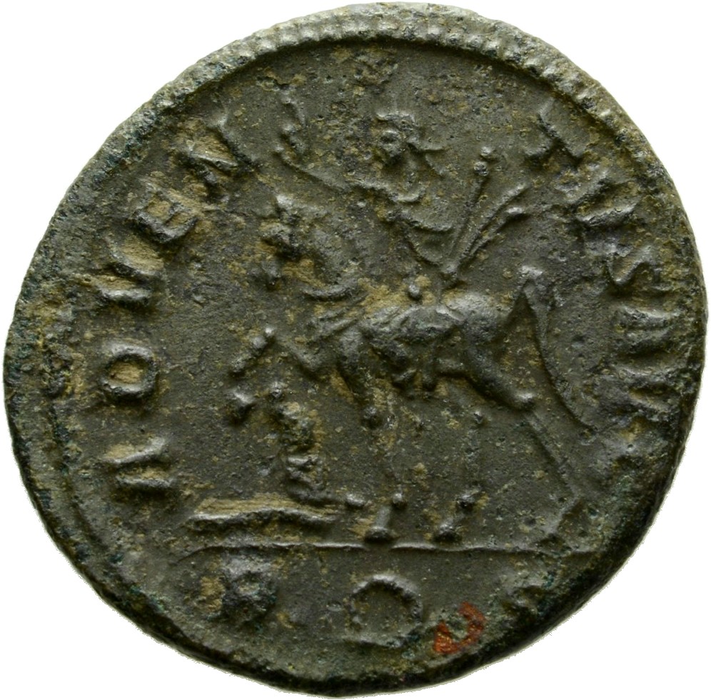 RIC V Probus 157 Probus reverse, Probus, riding left, raising right hand and holding sceptre in left hand; at his feet, ca...