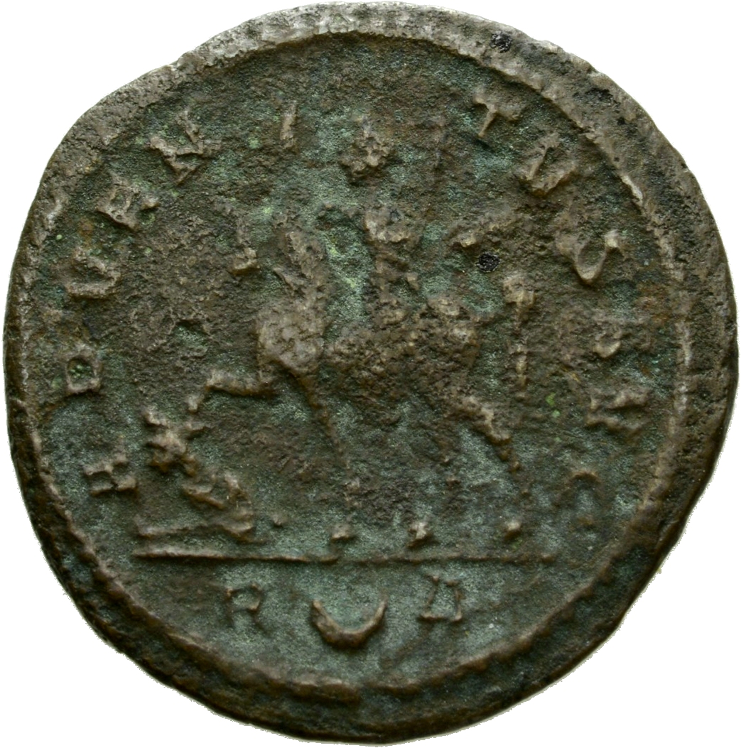 RIC V Probus 157 Probus reverse — Probus, riding left, raising right hand and holding sceptre in left hand; at his feet, c...