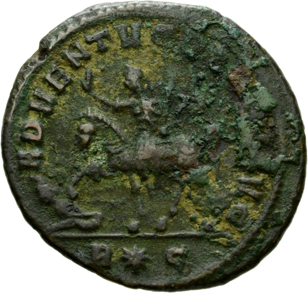 RIC V Probus 165 Probus reverse, Probus, riding left, raising right hand and holding sceptre in left hand; at his feet, ca...