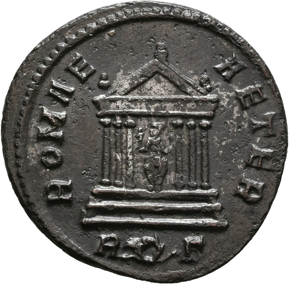 RIC V Probus 184 Probus reverse, Hexastyle temple, Roma seated in centre, holding Victory in right hand and sceptre in lef...