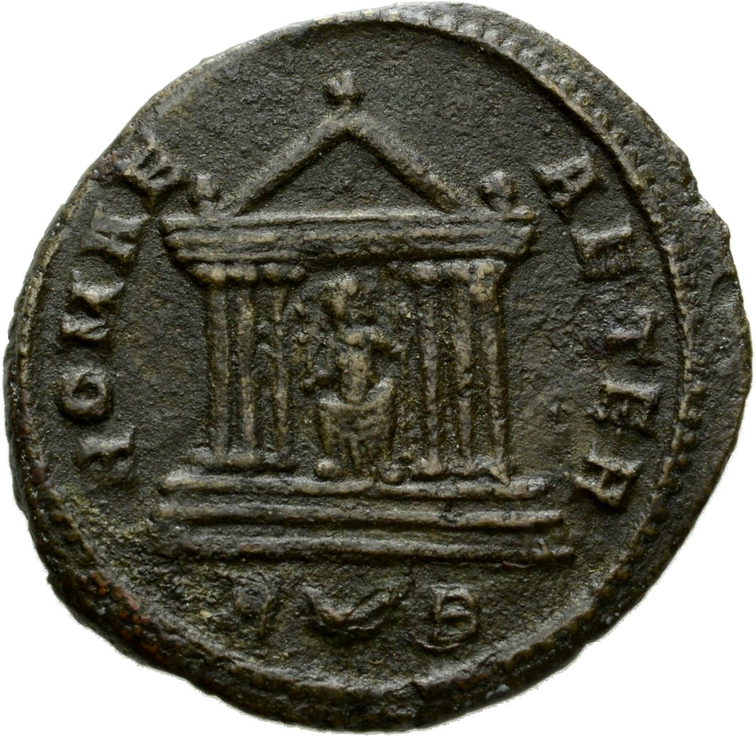 RIC V Probus 185 Probus reverse, Hexastyle temple, Roma seated in centre, holding Victory in right hand and sceptre in lef...
