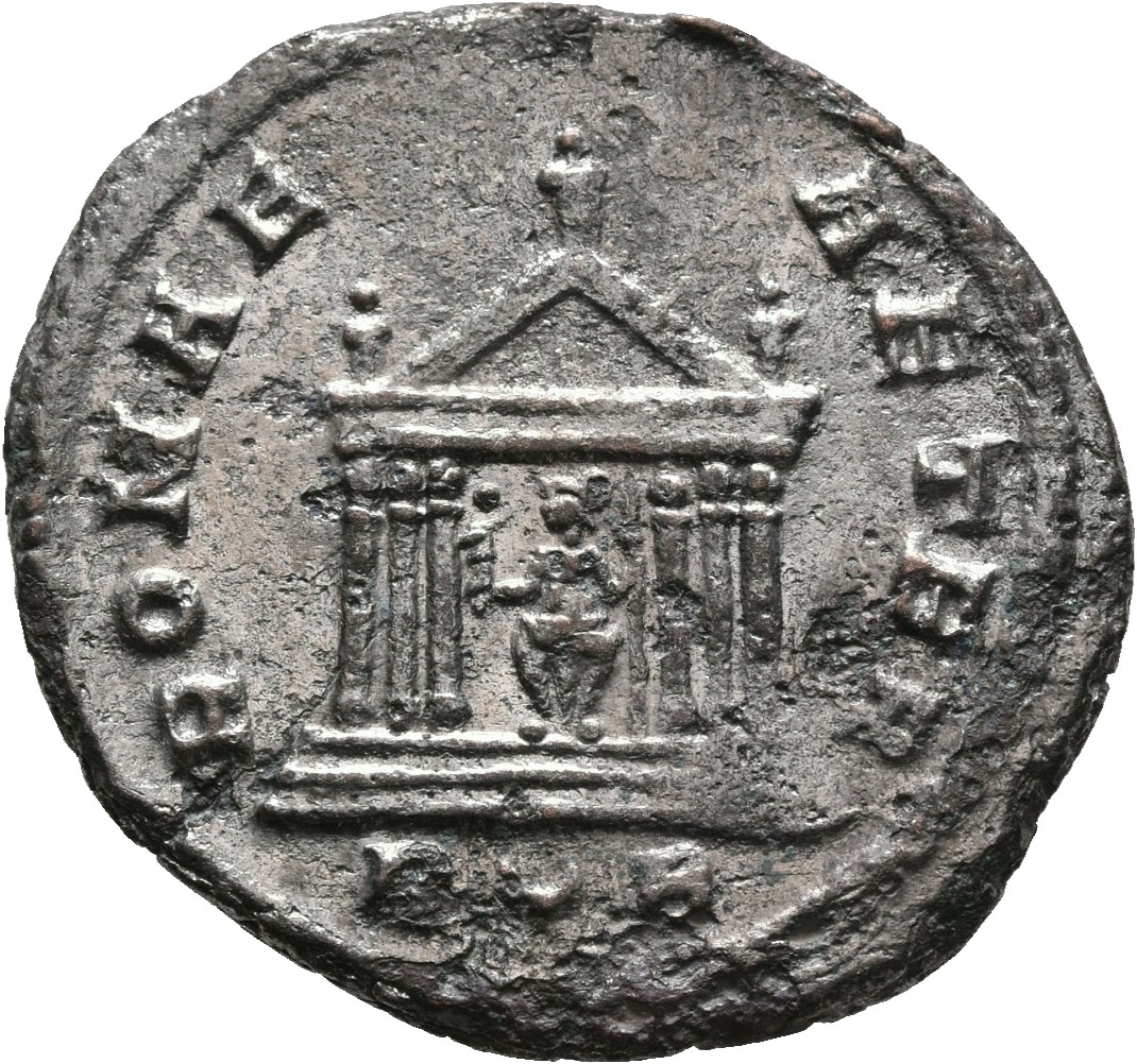RIC V Probus 185 Probus reverse — Hexastyle temple, Roma seated in centre, holding Victory in right hand and sceptre in le...