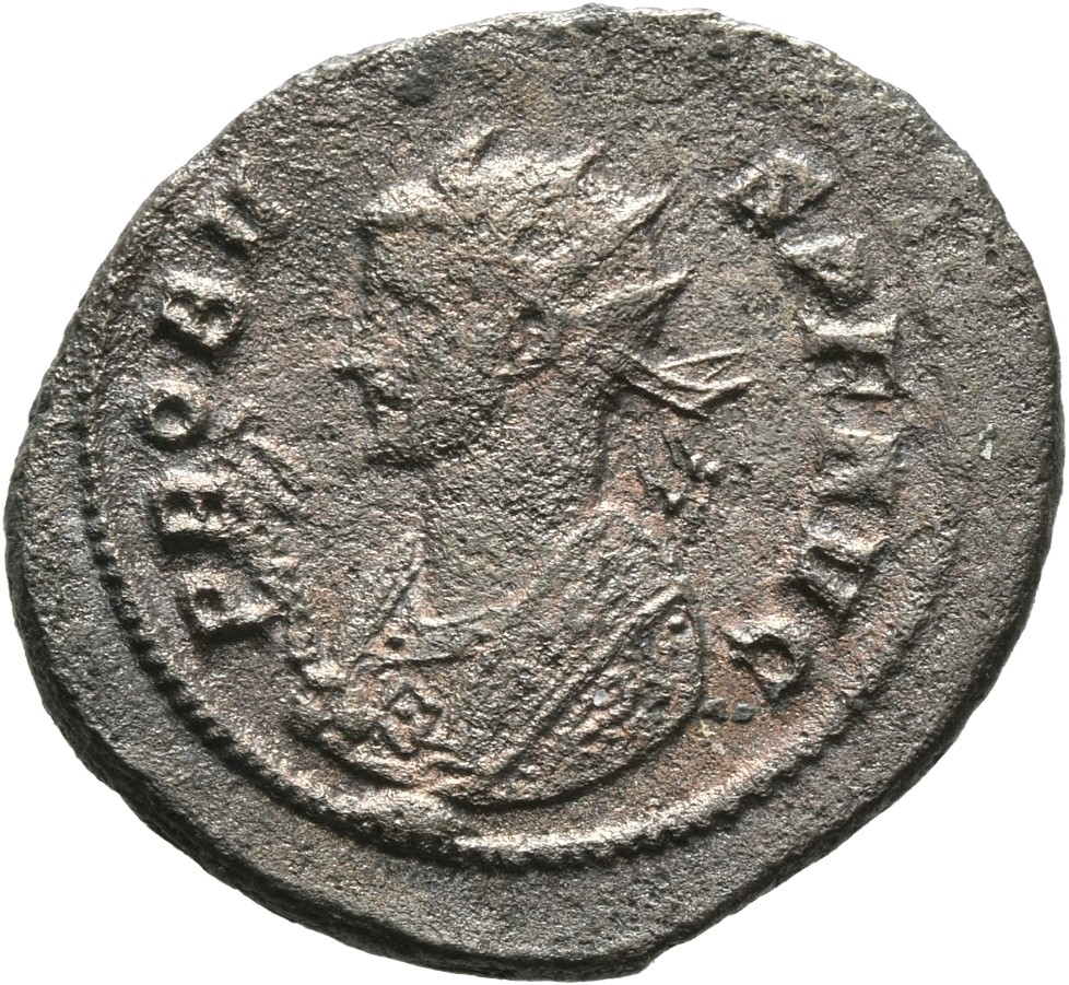 RIC V Probus 187 Probus obverse — Bust of Probus, radiate, wearing imperial mantle, left, holding sceptre surmounted by ea...