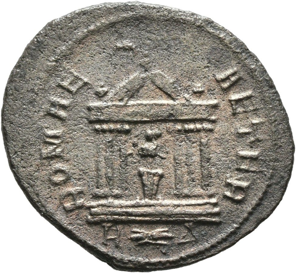 RIC V Probus 187 Probus reverse — Hexastyle temple, Roma seated in centre, holding Victory in right hand and sceptre in le...