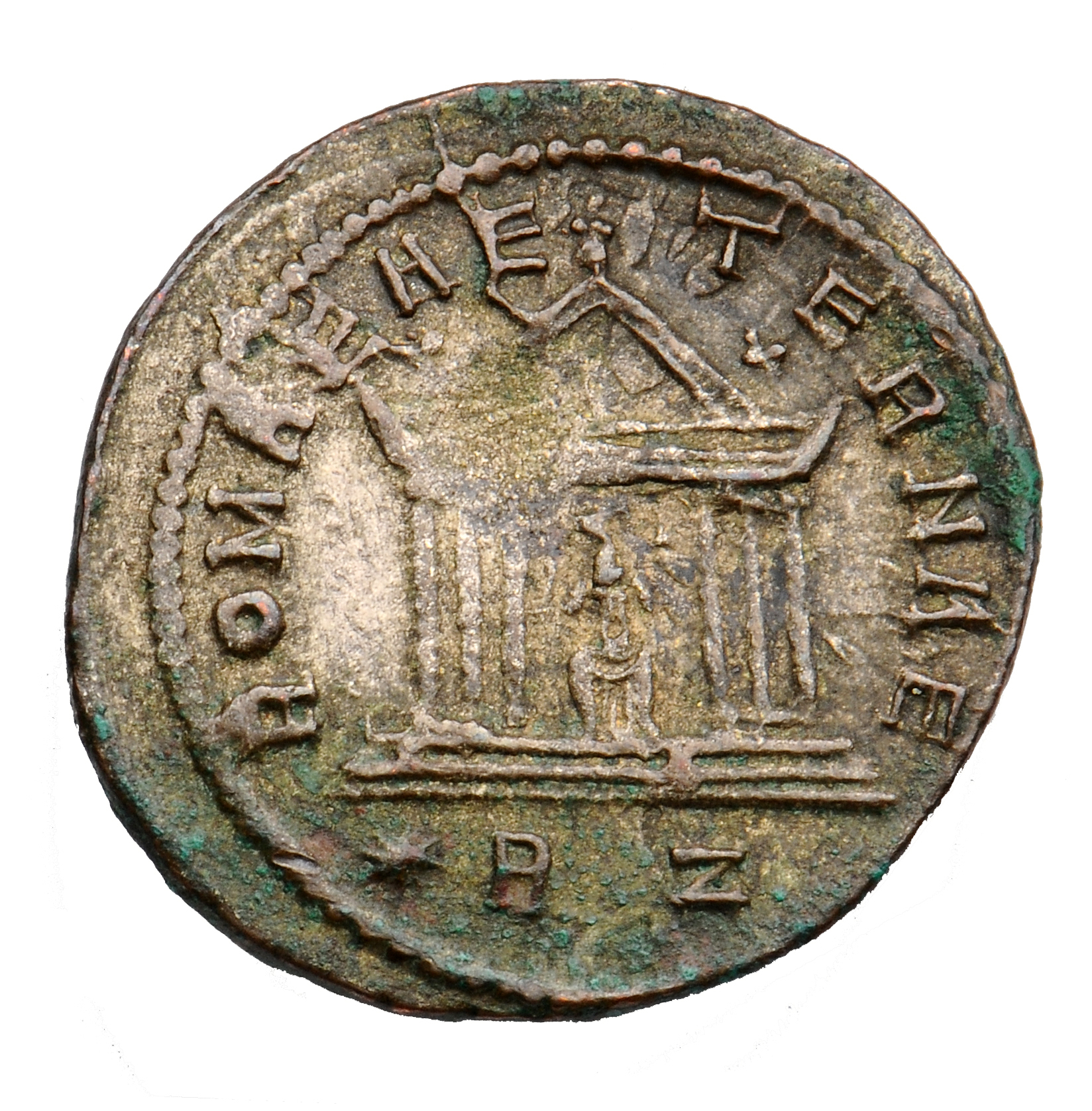 RIC V Probus 190 Probus reverse, Hexastyle temple, Roma seated in centre, holding Victory in right hand and sceptre in lef...