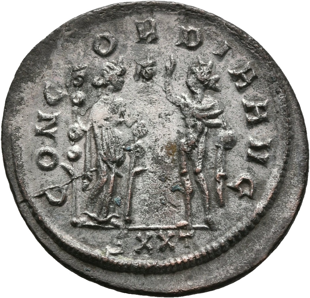 RIC V Probus 344 Probus reverse, Concordia, draped, standing right, holding ensign in each hand, facing Sol, standing left...