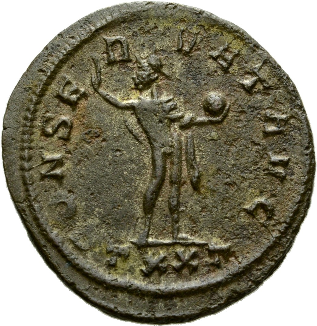 RIC V Probus 351 Probus reverse, Sol, radiate, standing front, head left, raising right hand and holding globe in left hand