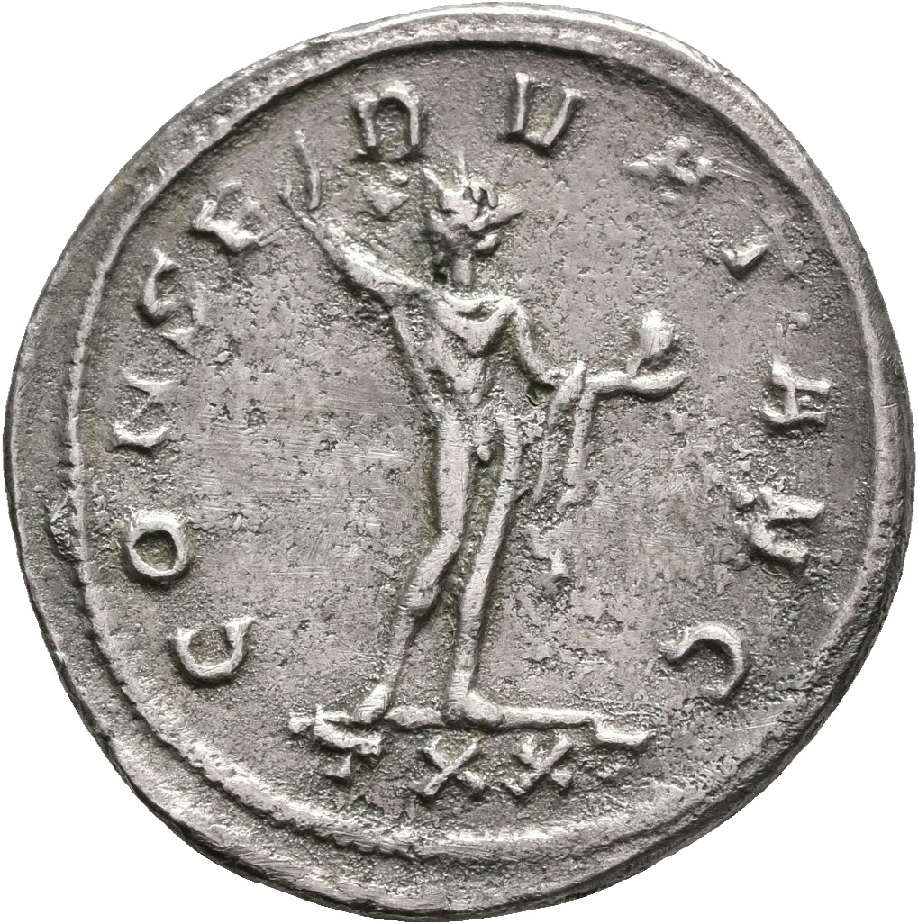 RIC V Probus 352 Probus reverse, Sol, radiate, standing front, head left, raising right hand and holding globe in left hand