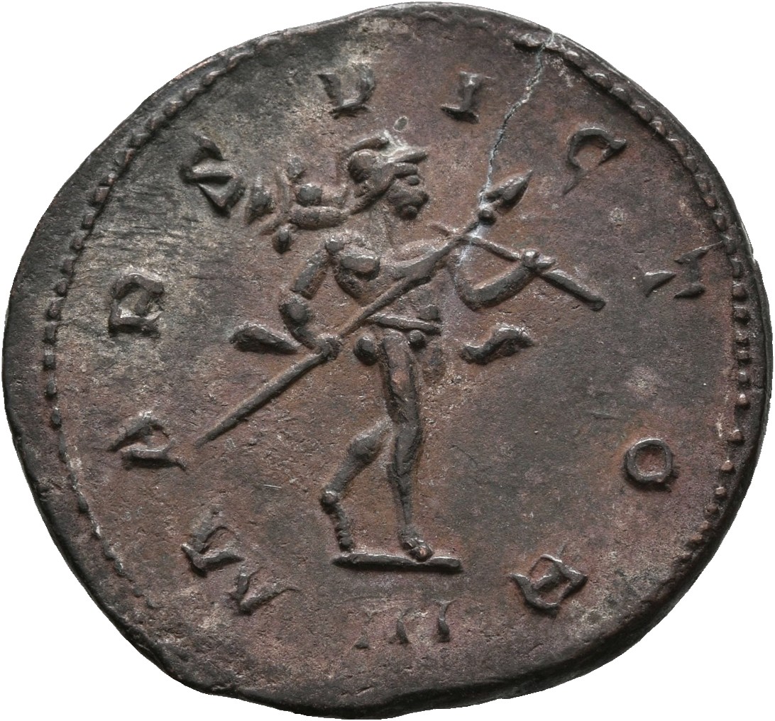 RIC V Probus 38 Probus reverse, Mars, helmeted, in military attire, walking right, holding spear in right hand and trophy ...