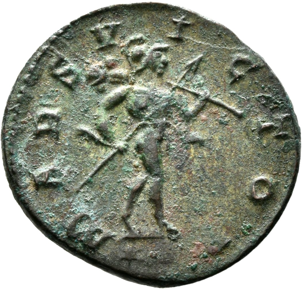 RIC V Probus 38 Probus reverse, Mars, helmeted, in military attire, walking right, holding spear in right hand and trophy ...