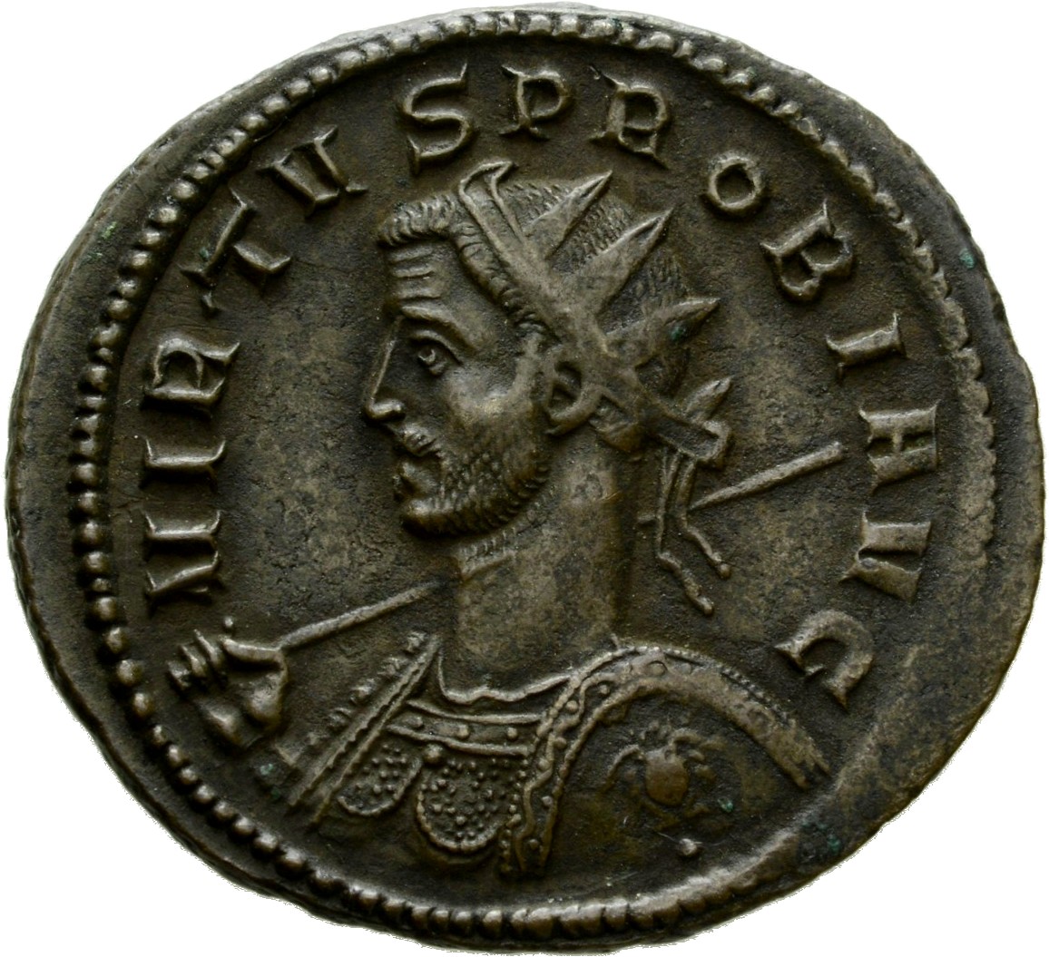 RIC V Probus 388 Probus obverse, Bust of Probus, helmeted, radiate, cuirassed, left, sometimes seen from behind, holding s...