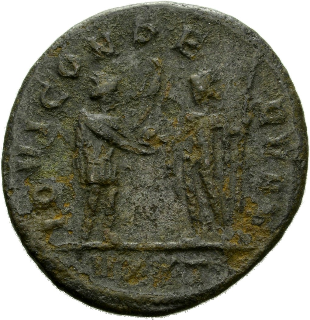 RIC V Probus 388 Probus reverse, Probus, standing right, receiving globe from Jupiter, standing left, holding sceptre in l...