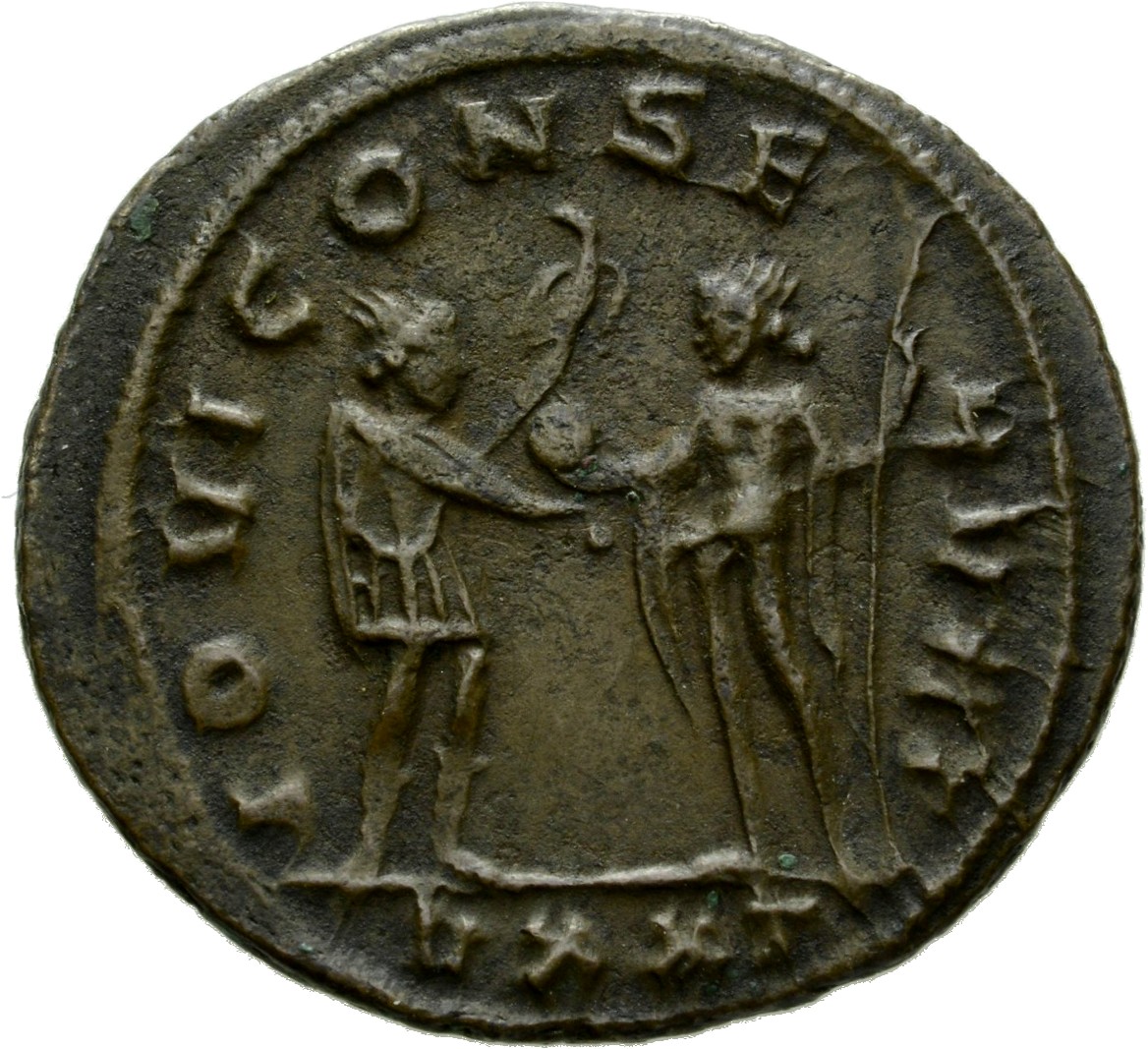 RIC V Probus 388 Probus reverse — Probus, standing right, receiving globe from Jupiter, standing left, holding sceptre in ...