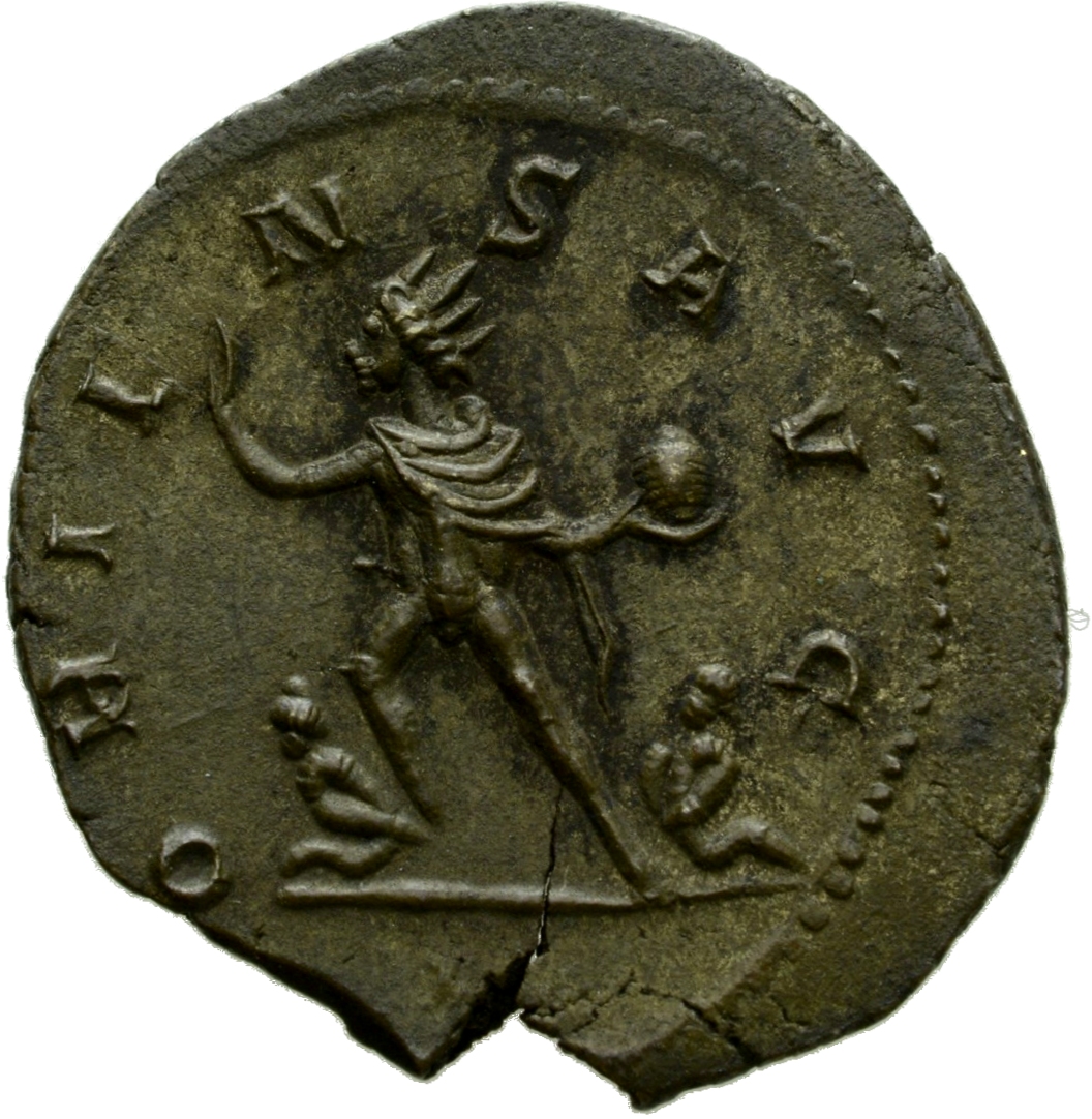 RIC V Probus 44 Probus reverse, Sol, radiate, walking left, raising right hand and holding globe in left hand; flanked on ...