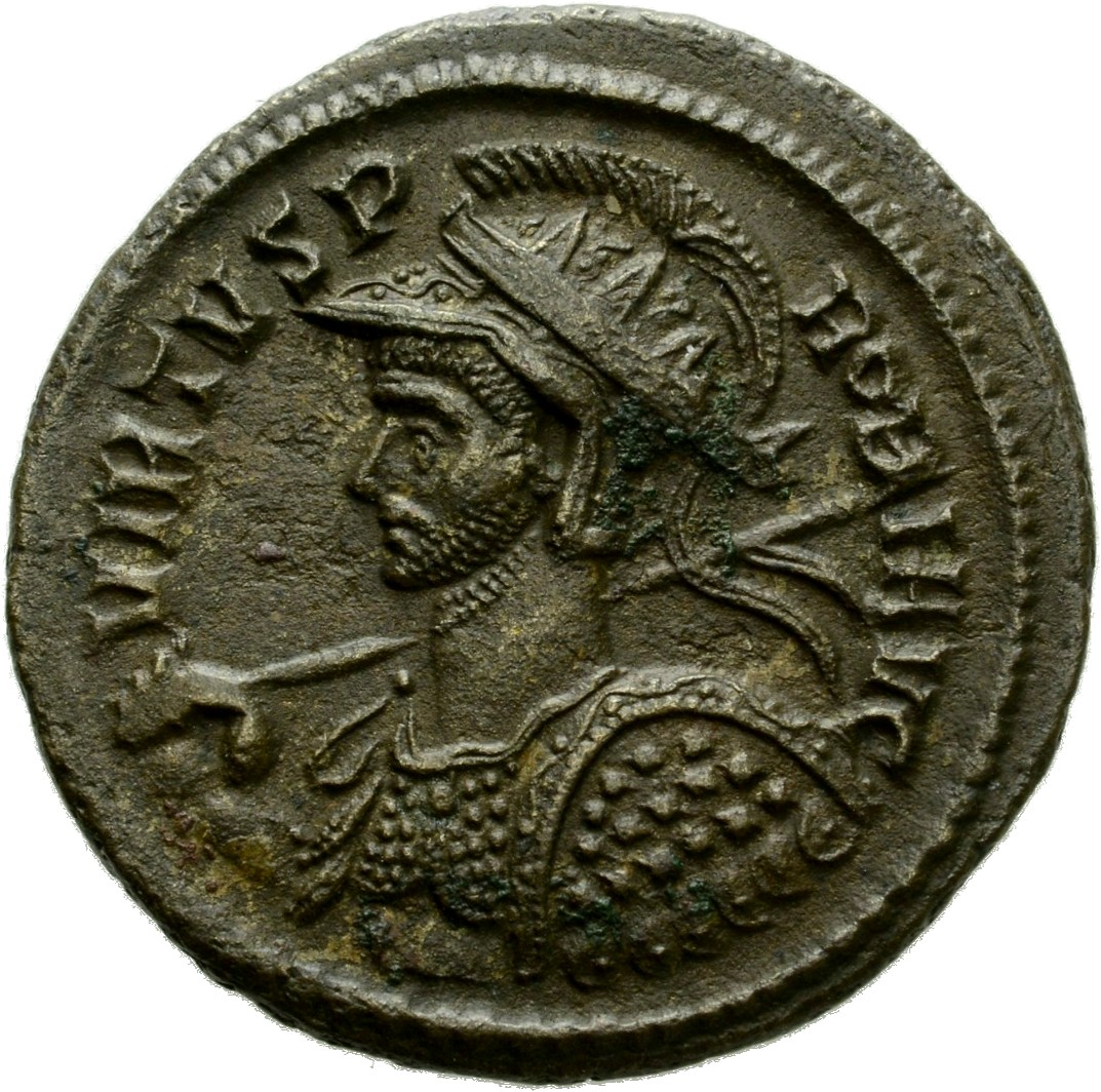 RIC V Probus 481 Probus obverse, Bust of Probus, helmeted, radiate, cuirassed, left, holding spear in right hand and shiel...