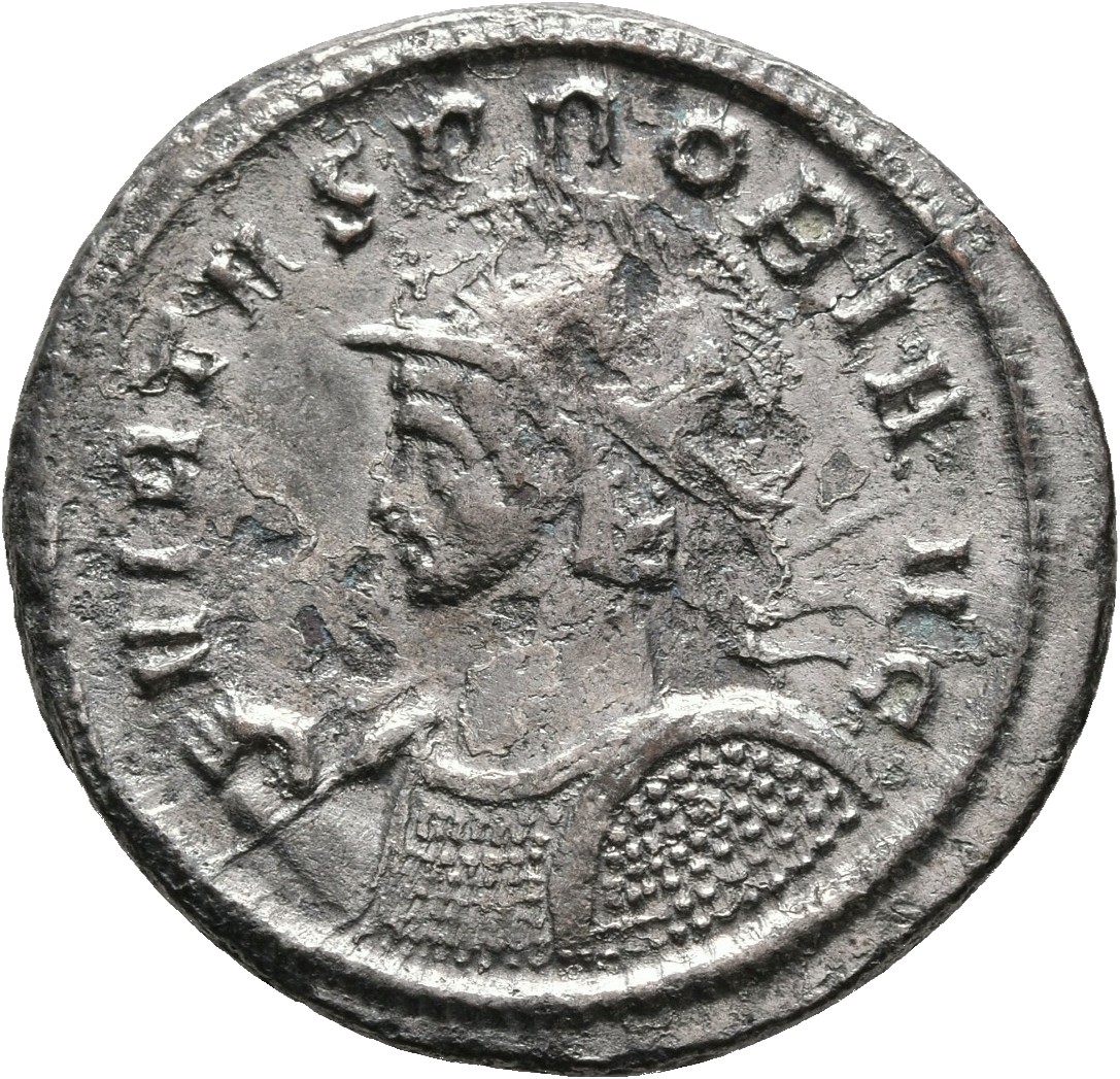 RIC V Probus 481 Probus obverse — Bust of Probus, helmeted, radiate, cuirassed, left, holding spear in right hand and shie...