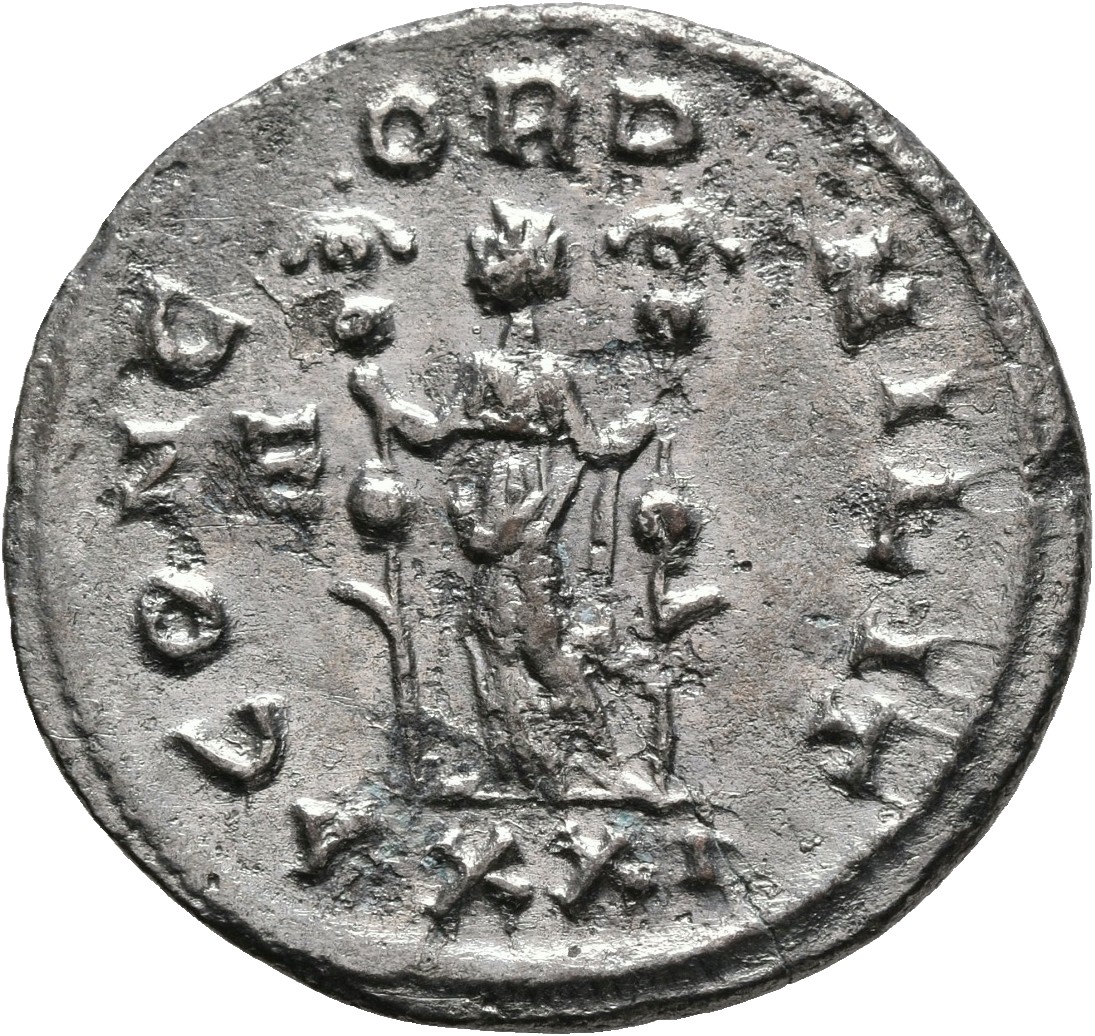 RIC V Probus 481 Probus reverse — Concordia, draped, standing left, holding ensign in each hand