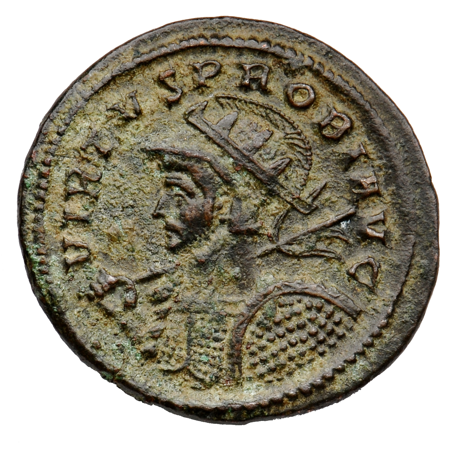 RIC V Probus 491 Probus obverse, Bust of Probus, helmeted, radiate, cuirassed, left, holding spear in right hand and shiel...