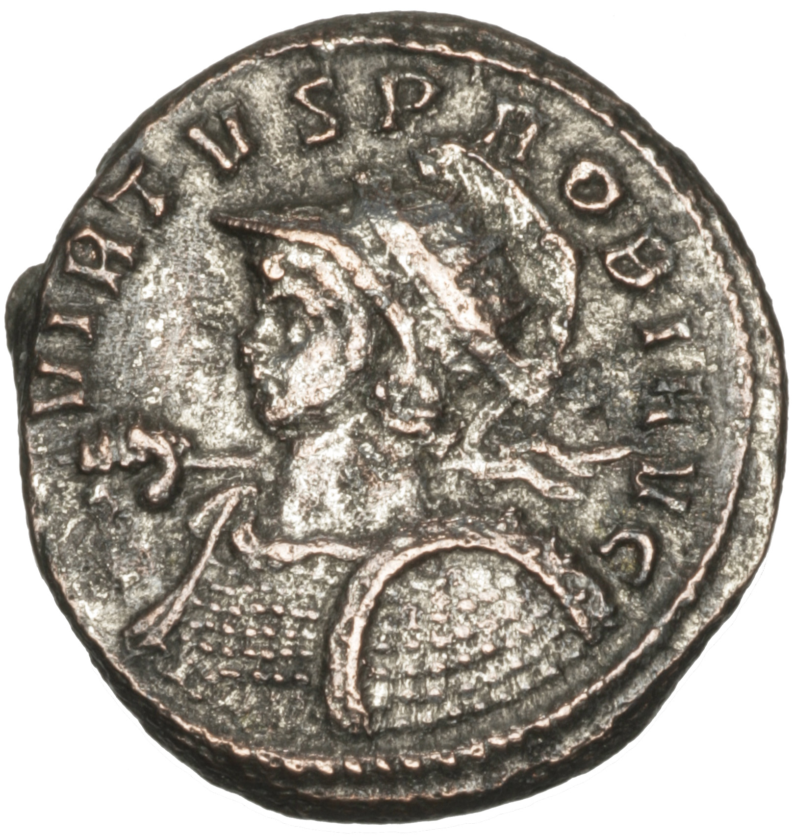 RIC V Probus 491 Probus obverse, Bust of Probus, helmeted, radiate, cuirassed, left, holding spear in right hand and shiel...