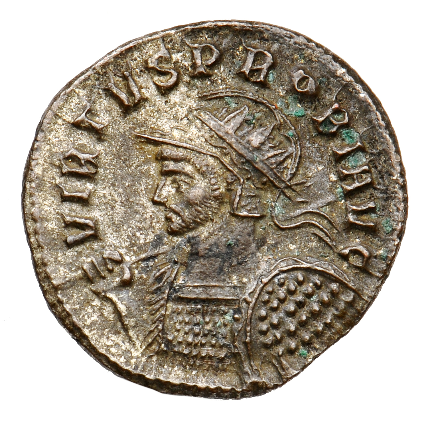 RIC V Probus 500 Probus obverse, Bust of Probus, helmeted, radiate, cuirassed, left, holding spear in right hand and shiel...