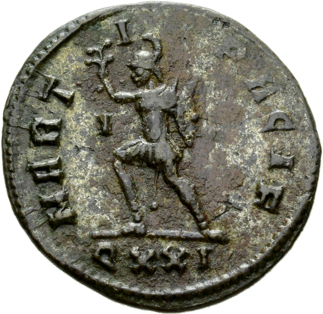 RIC V Probus 508 Probus reverse, Mars, helmeted, in military attire, walking left, holding olive-branch in right hand and ...