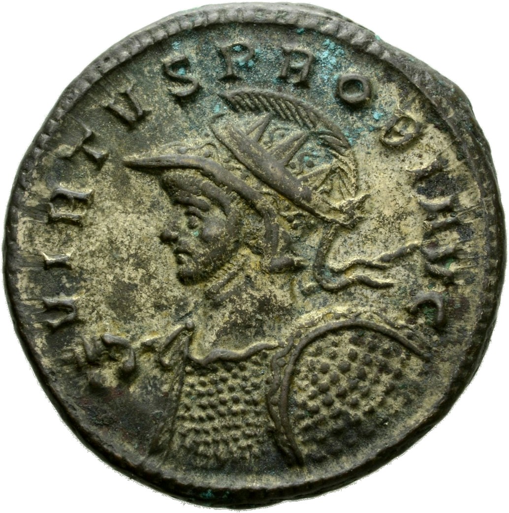 RIC V Probus 517 Probus obverse, Bust of Probus, helmeted, radiate, cuirassed, left, holding spear in right hand and shiel...