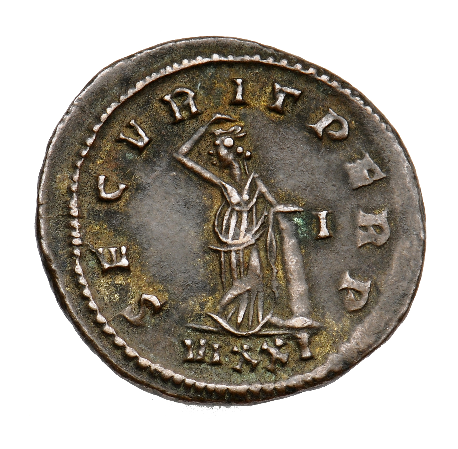 RIC V Probus 526 Probus reverse, Securitas, draped, standing left, legs crossed, leaning on column, raising right hand to ...